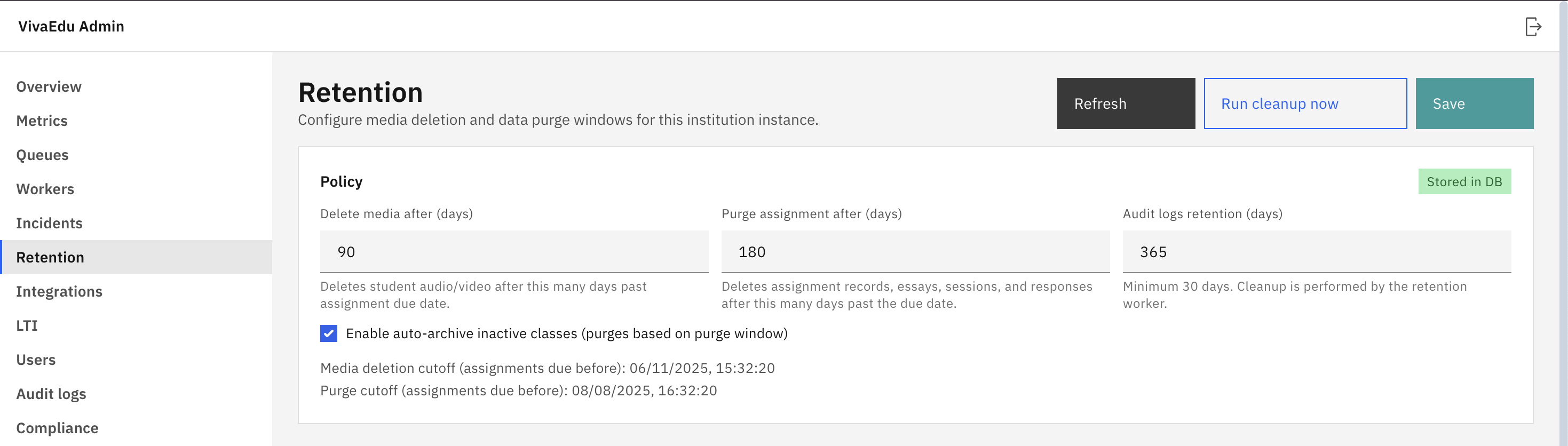 Retention settings page showing Save and Run sweeper now buttons
