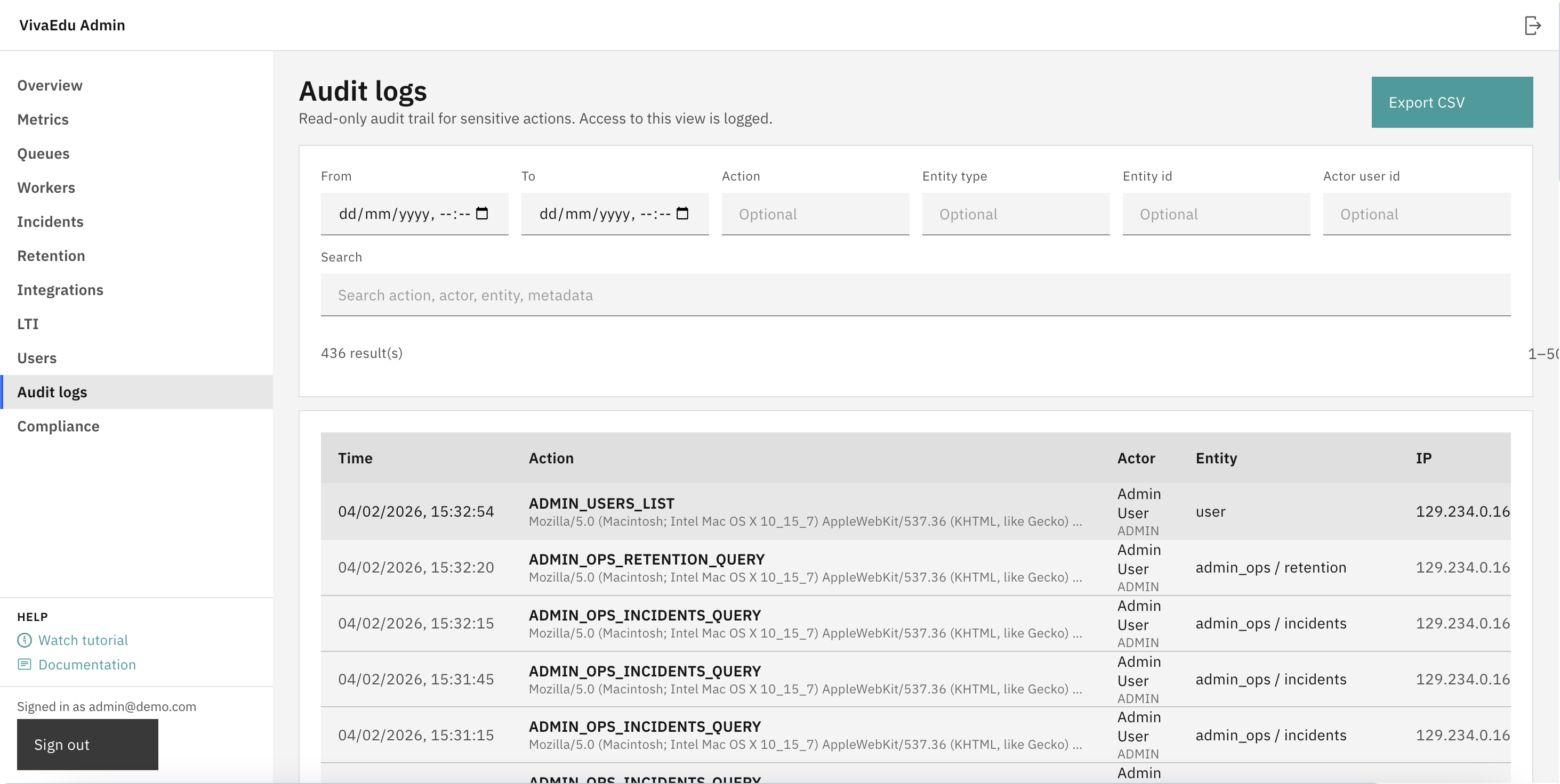 Audit logs page showing filters and Export CSV button