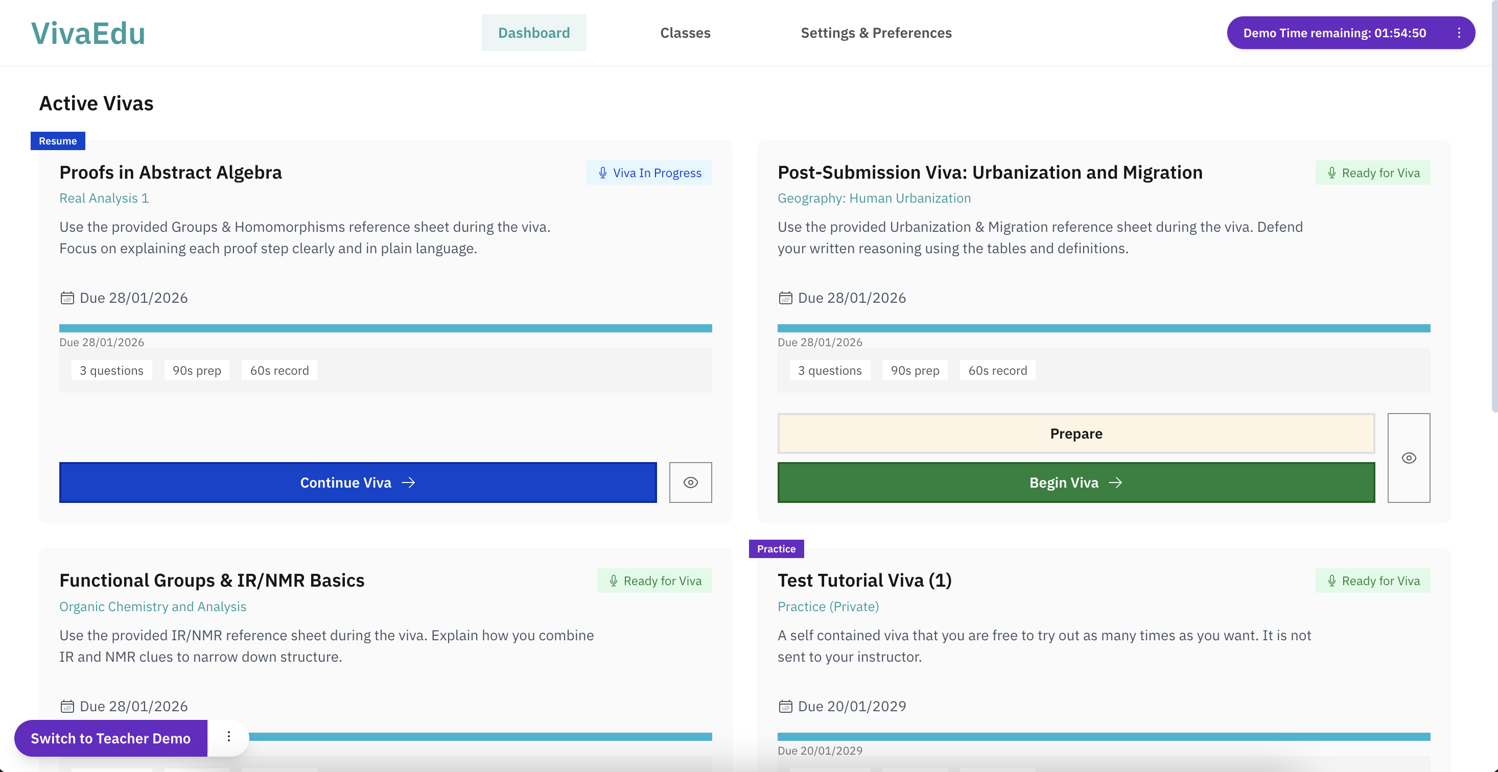 Student view in the private demo